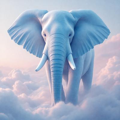 The primary subject of the image is a large, white elephant. The elephant is standing in a cloudy, white sky, which serves as the setting for the scene. The visual style of the image is digital art, as it is a computer-generated illustration. The dominant colors in the image are white and blue, creating a serene and peaceful atmosphere.
